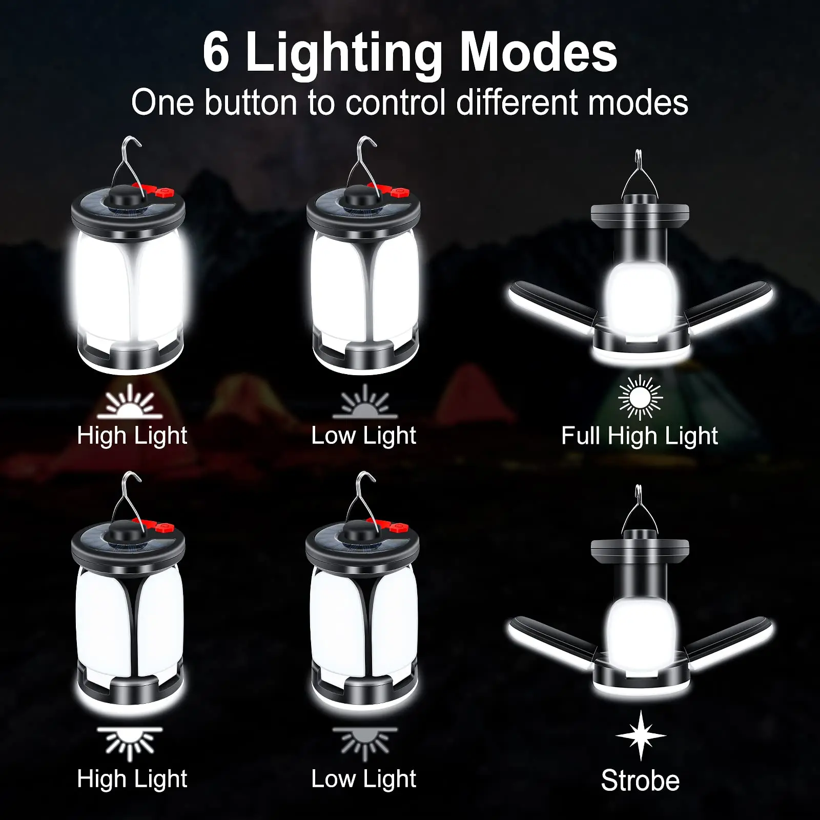 High Power Solar LED Camping Lantern Rechargeable 4500mAh 1000LM Emergency Power Bank Foldable 6 Light Modes for Camping Fishing