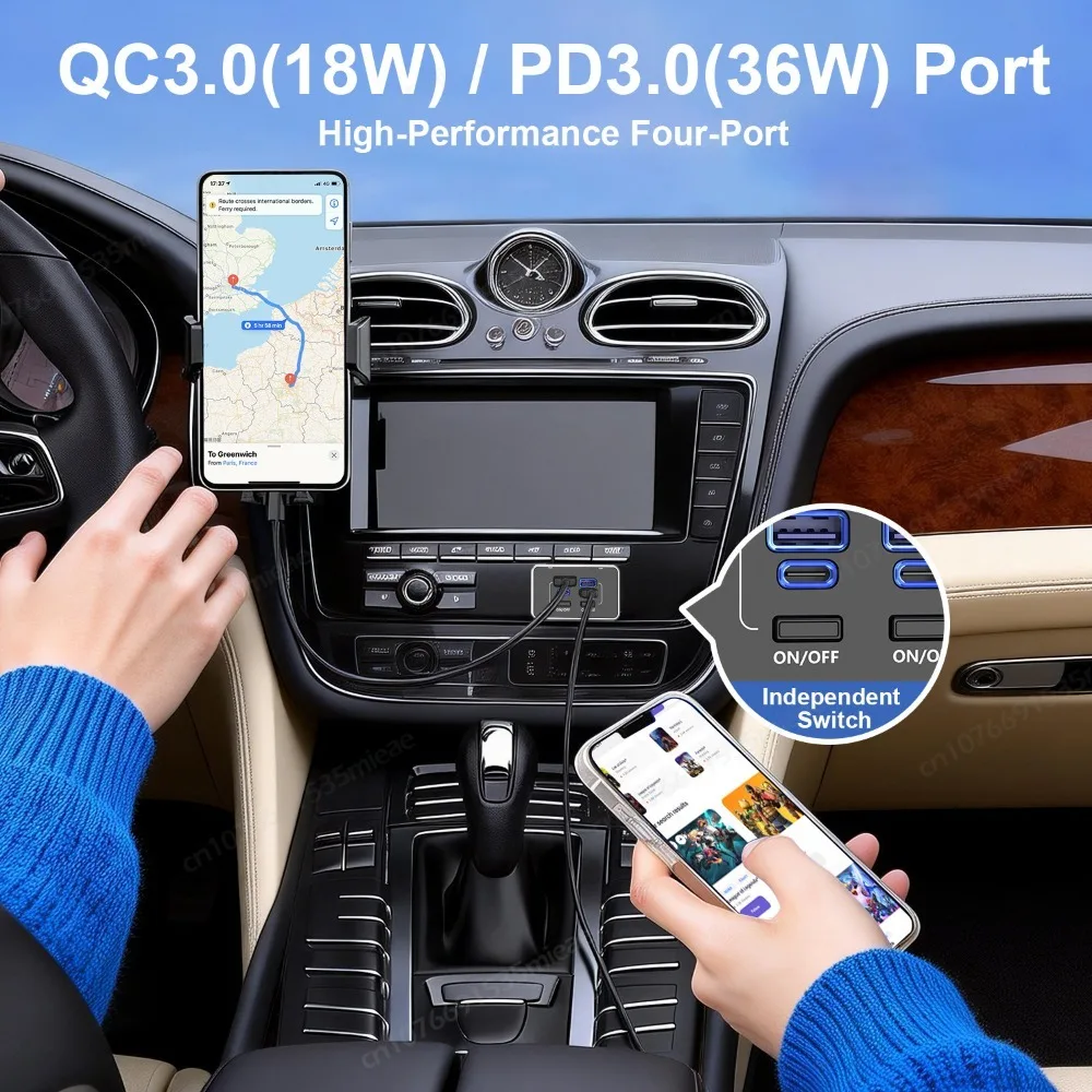 4-Port 78W High-Speed USB Charger Panel with Dual PD Type-C & QC3.0 Ports and Switch