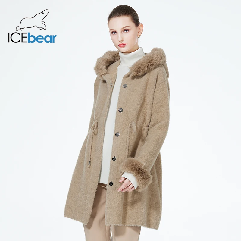 ICEbear 2023 여성용 단색 루즈 가디건, 긴 소매 스웨터, 니트 후드 코트, 모피 인공 밍크 코트, HY058