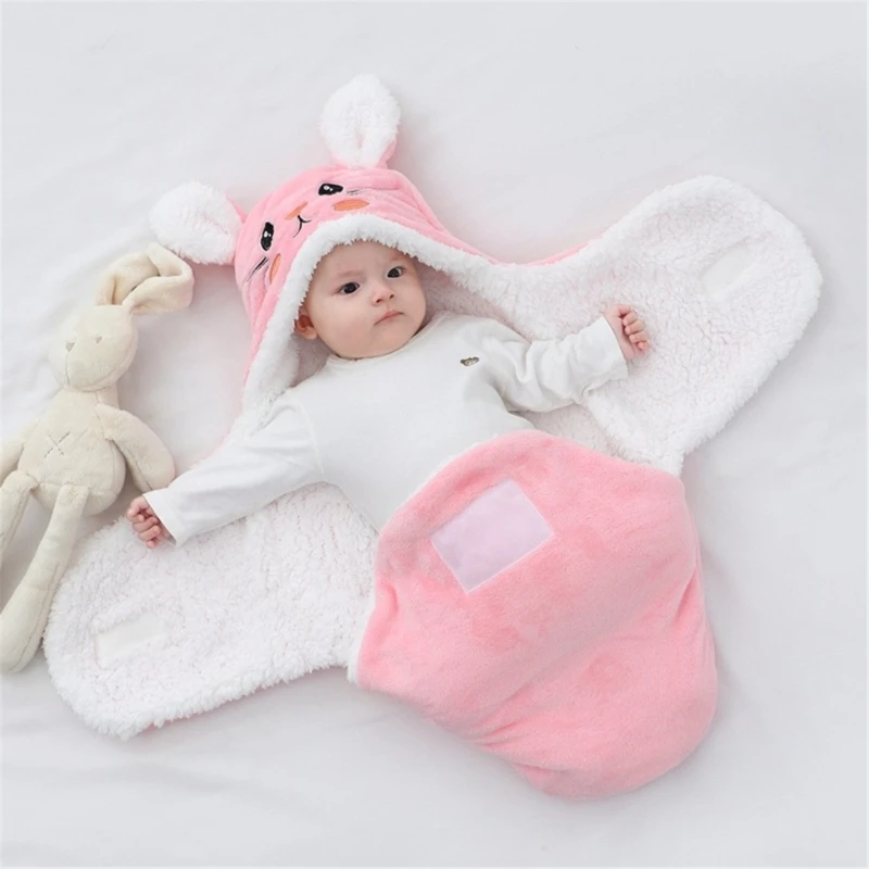 Soft Flannel Winter Warm Baby Swaddle Blanket Thicken Plush Lining Hooded Blanket for 0-6 Months Newborn Envelope Cocoon Blanket 5