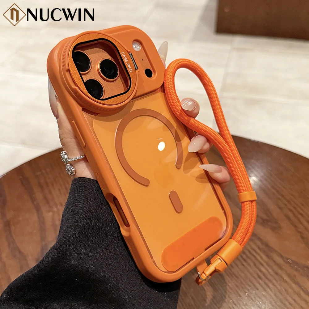 Luxury Magnetic Lens Bracket Lanyard Phone Case with Air Flip Stand and Transparent Cover