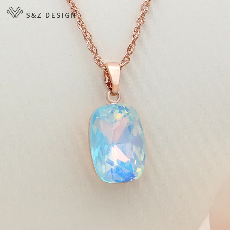 S&Z DESIGN New Fashion Rectangle Colorful Crystal Pendant Necklace For Women Wedding Elegant 585 Rose Gold Color Jewelry Gift