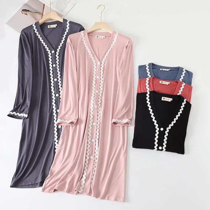 

Women's Spring Autumn Modal Loose Nightdress Cardigan Long Sleeve Mid Length Dress Outer Wear Nightgown Casual V-Neck Nightshirt