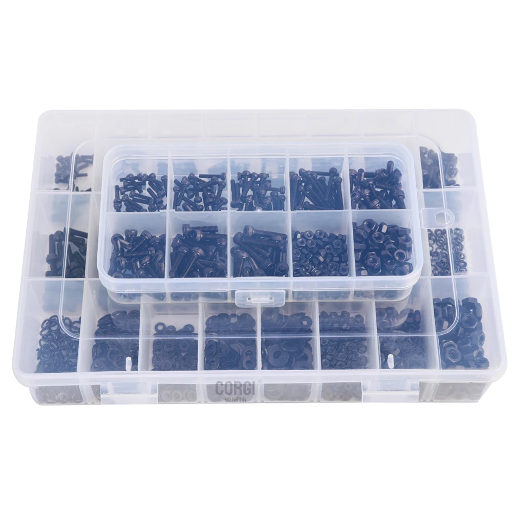 Hex Socket Screw 1140 Black Steel Socket Head Hex Round Cap Screws Set M2 M3 M4 M5 M6 Grade 12.9 DIN912 Allen Bolts Nuts Assortment Kit Tool Box