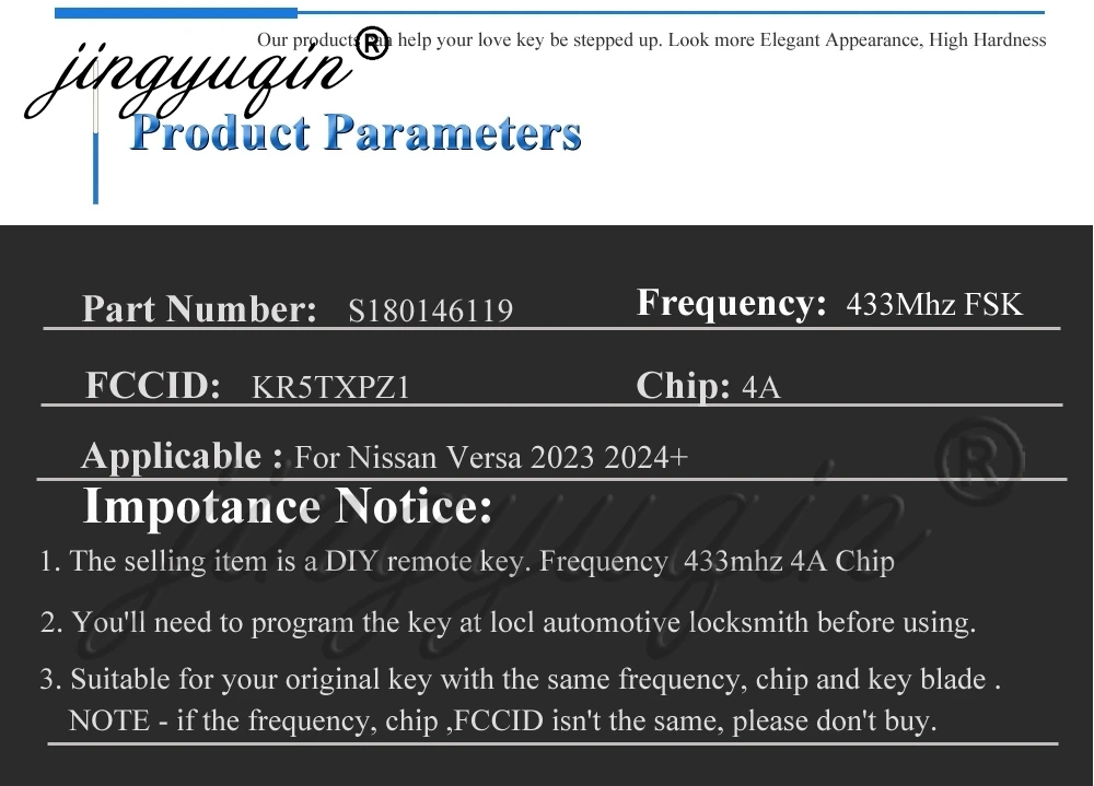 jingyuqin S 180146119 KR5TXPZ1 433 MHz 4A Auto-Fernbedienungsschlüssel für Nissan Versa 2023 2024 Auto 4BT Smart Keyless Fob 285E3-6LY1A – Detail 5
