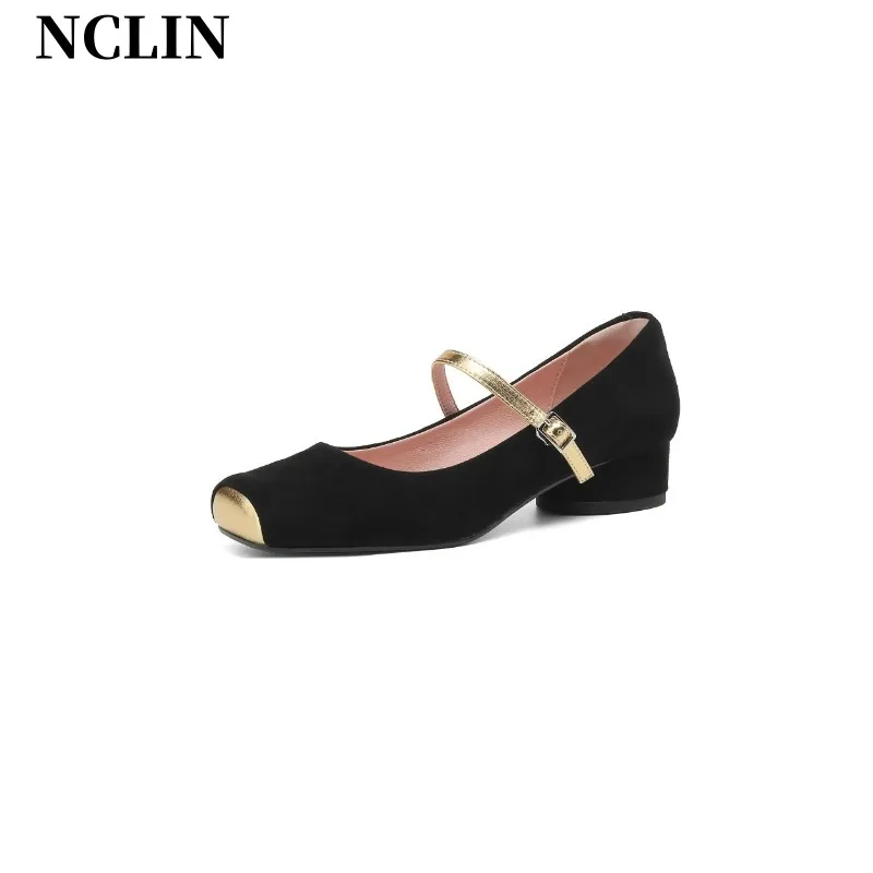 

2024 Spring New Sheepskin Low Heels Summer Fashion Square Toe Mary Janes Daily Wear Chic Wedding Ballet Dancer Shoes Women Pumps