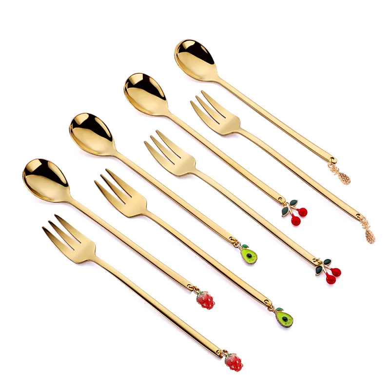 

4pcs Dinnerware Set With Gift Box Stainless Steel Fork Spoon With Creative Fruit Ornaments Stirring Coffee Dessert Fork Spoon