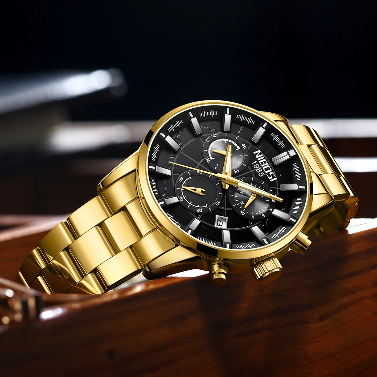 NIBOSI-Reloj de pulsera de acero inoxidable para hombre, cronógrafo luminoso, resistente al agua, de cuarzo, con fecha