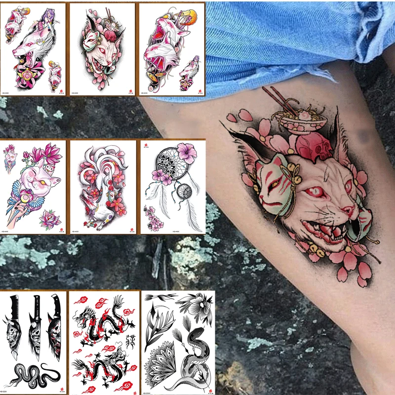 

Temporary Tattoo Sticker Body Art Ukiyoe Sexy Girl Cat Pink Flower Skull Water Transfer Fake Tatoo Flash Tatto for Woman Man