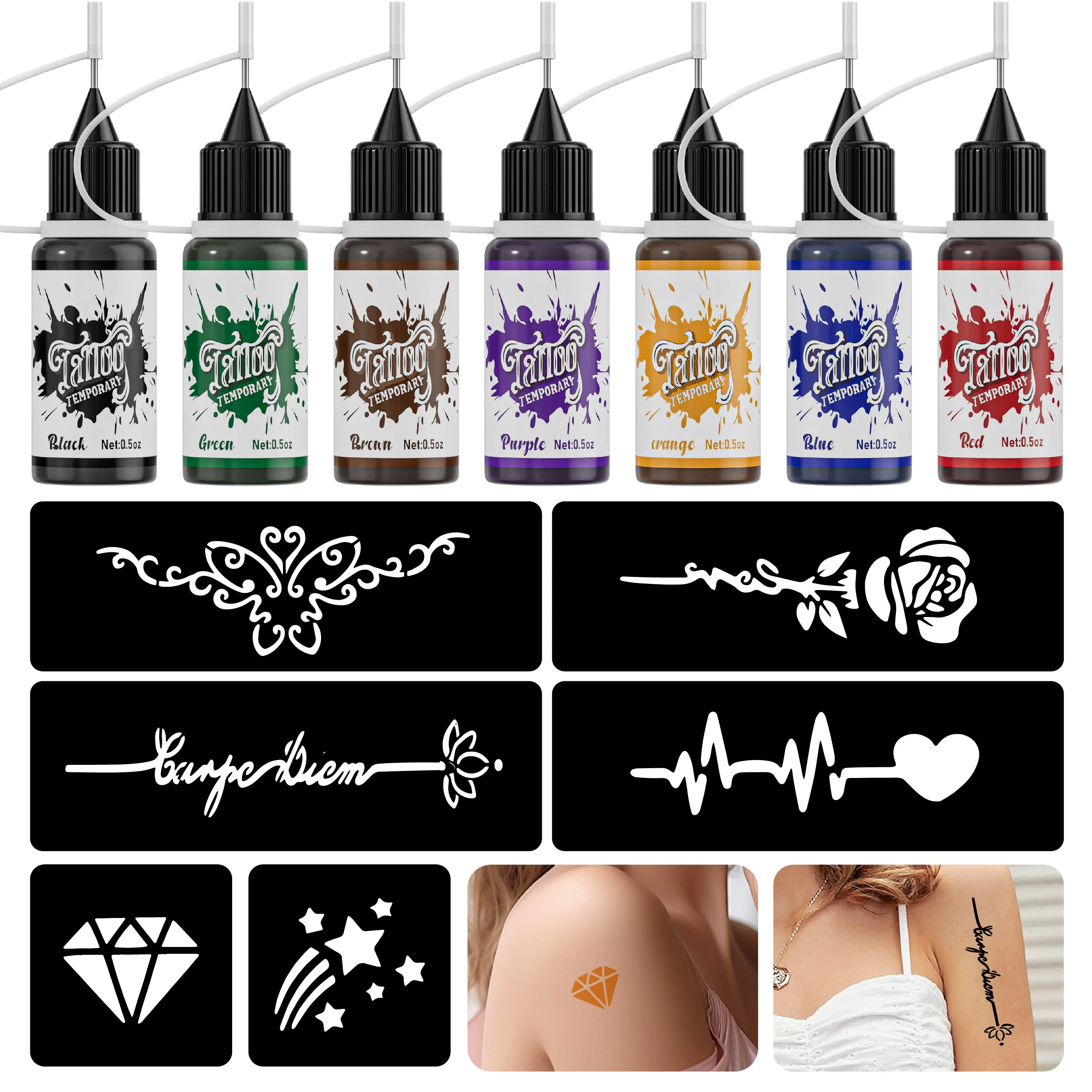 Temporary Tattoo Kit with 7 Bottles of Mixed Color Paste and 6 Stencil Designs, -Easy-to-Use Henna Semi-Permanent Tattoo Set 2