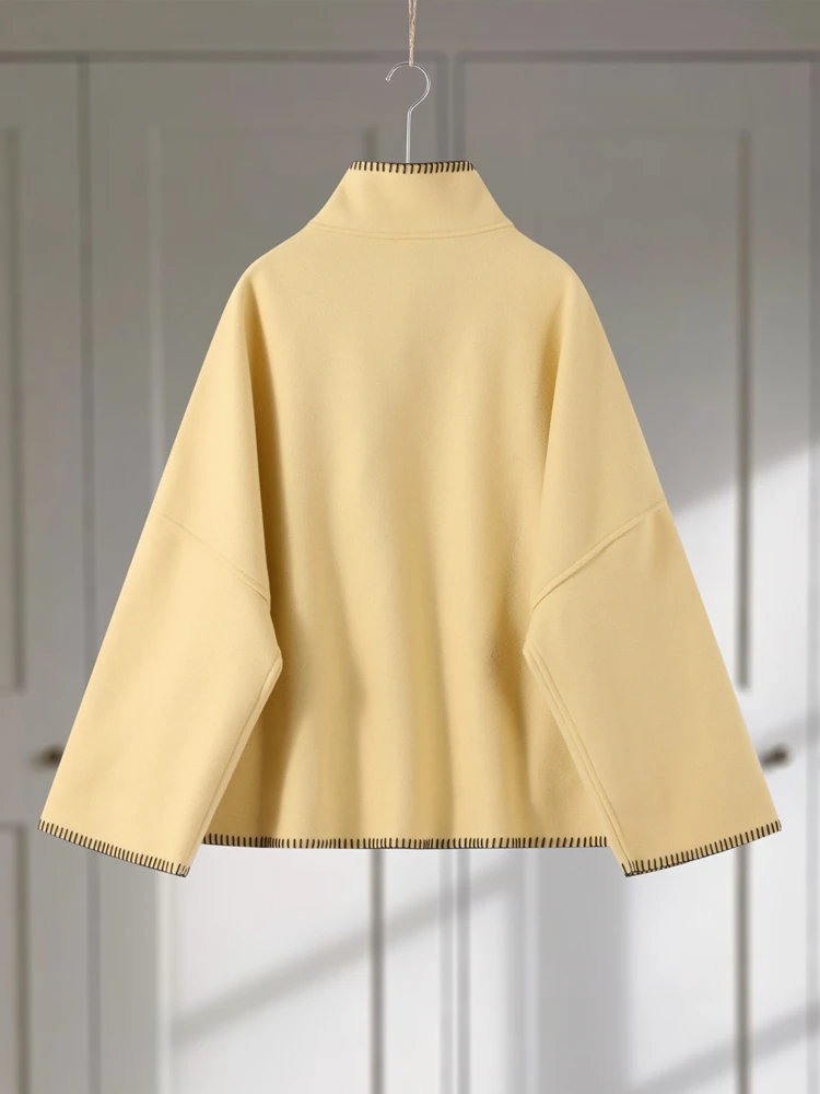Topstitch Rollkragen Volle Hülse Woolen Jacke Frauen Elegante Einreiher Solide Lose Herbst Winter Mantel Neue Damen Oberbekleidung – Detail 5