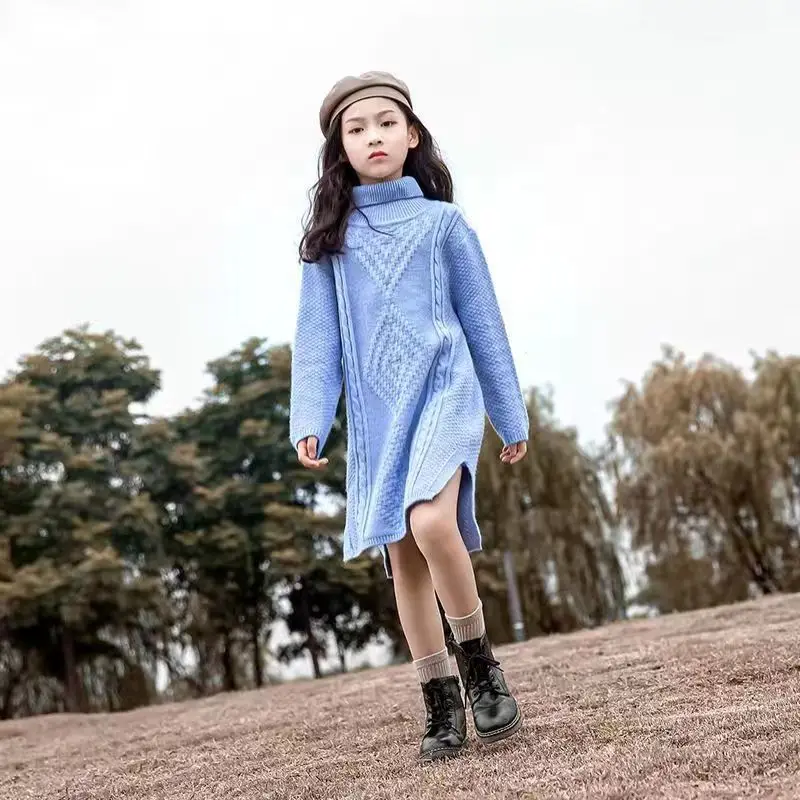 

Girls Sweater Wool Coat Kids Tops Knitting 2023 Blue Thicken Warm Winter Autumn Plus Size Cottons Pullover Children's Clothing