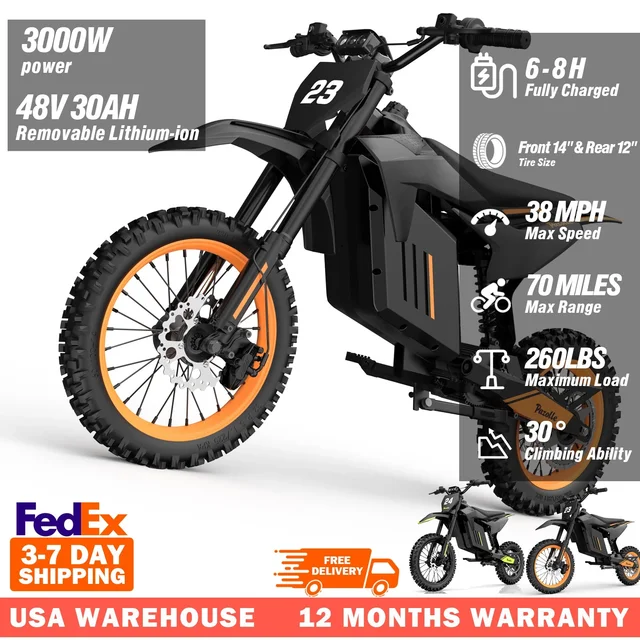 Electric Dirt Bike for Adults 3000W 35 MPH 48V/30Ah Battery Hydraulic Brake Full Suspension All Terrain Electric Motorcycle 1