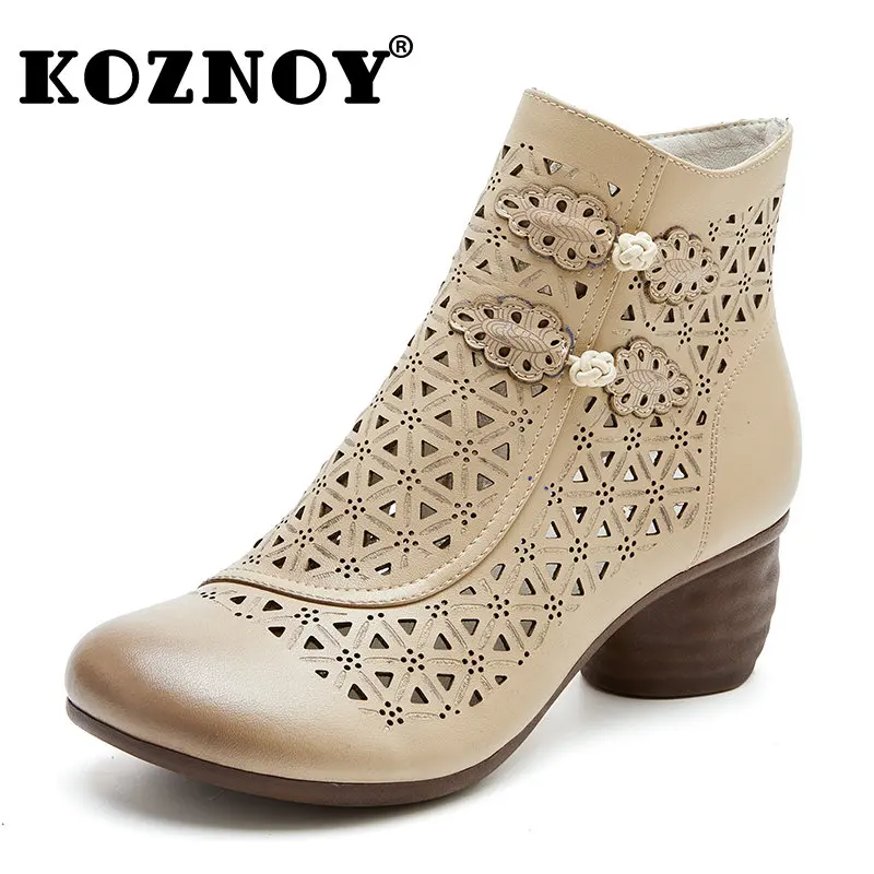 

Koznoy New In Women's Boots 5cm Ethnic Genuine Leather Chunky Heels Shoes Hollow Pumps Summer Ankle Soft Sole Breathable Sandals