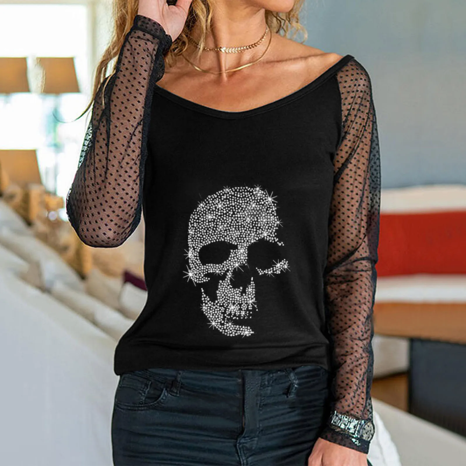 de malla negra transparente con cuello redondo para mujer, Top Sexy con estampado de calavera y diamantes de imitación, Tops de manga - AliExpress