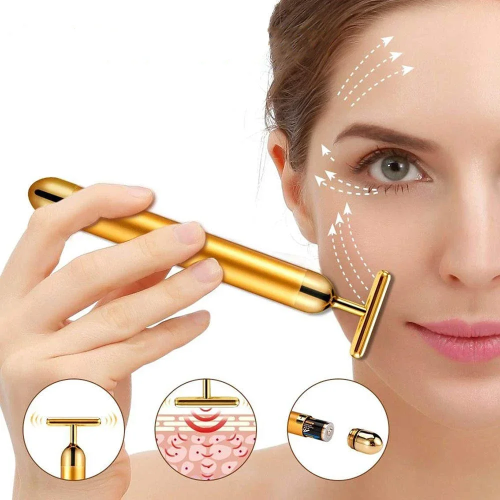 

T-Shape 24k Energy Beauty Bar Vibrating Facial Roller Massager Face-lift Device Skin Tightening Anti-wrinkle Massage Roller Tool