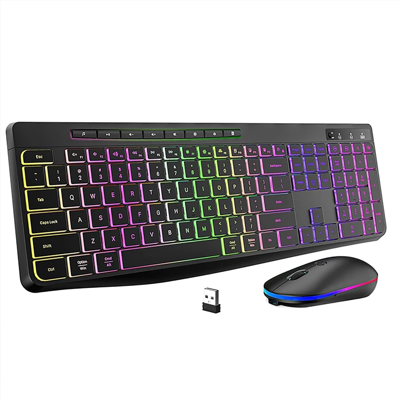 2.4G 키보드 마우스 콤보 RGB 백라이트 충전식 풀 사이즈 인체 공학적 Type-C 2.4G 무선 키보드 마우스 세트 (PC 노트북 용)