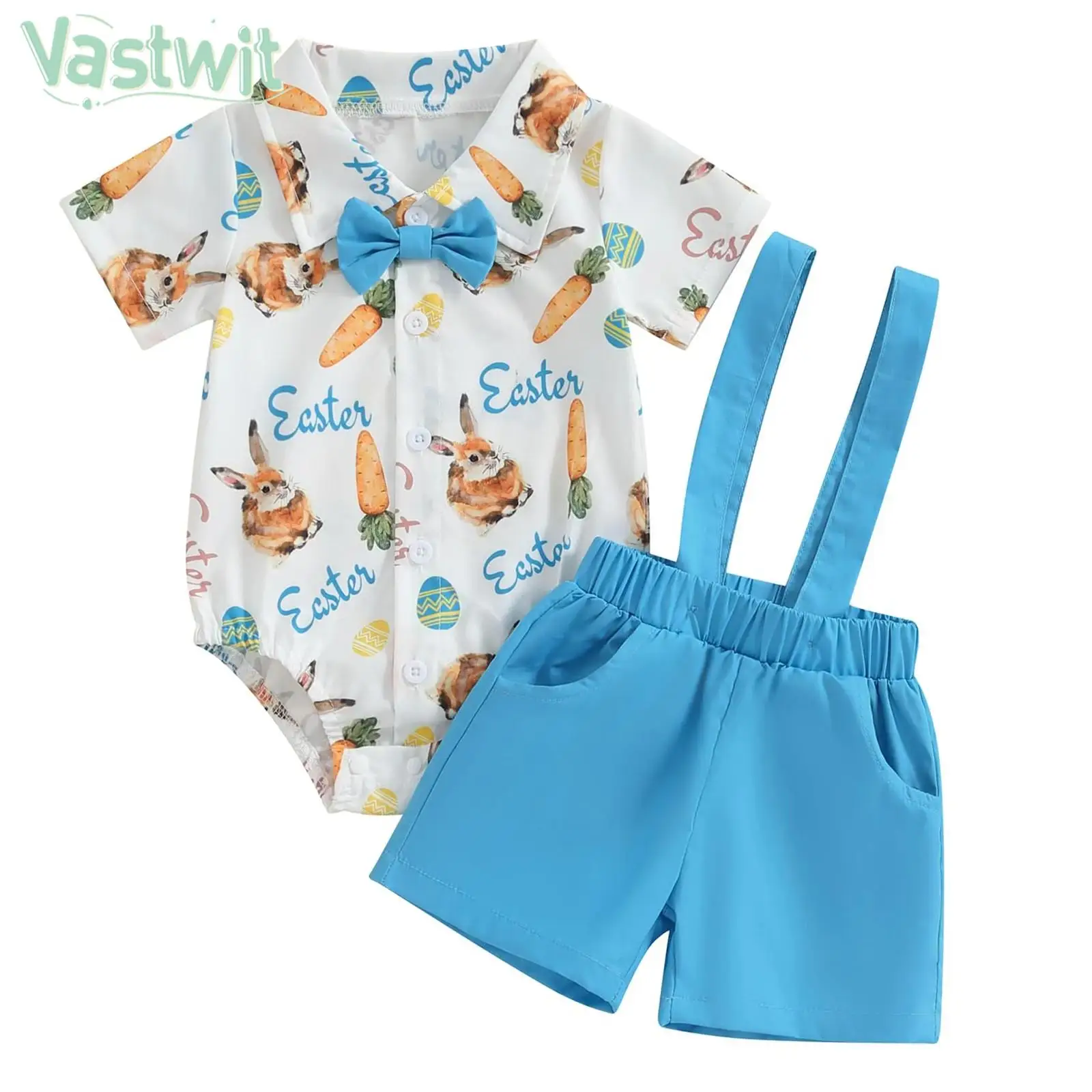 

Infant Boys Easter Outfit Short Sleeve Rabbit Print Shirt Rompers with Suspender Shorts Birthday Wedding Party Gentleman Suit