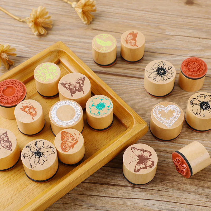 Creative Wooden Cylindrical Stamp Set Petal Lace Butterfly Diary Album DIY Handbook Stamp 3 Options Wooden Assorted Stamp
