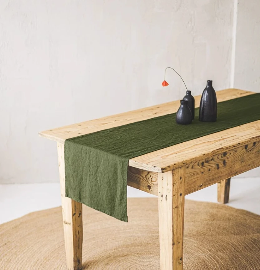 Camino de mesa de lavado de piedra 100% de lino francés, camino de mesa de té de Color puro personalizado de lujo, accesorios de decoración de mesa de comedor occidental
