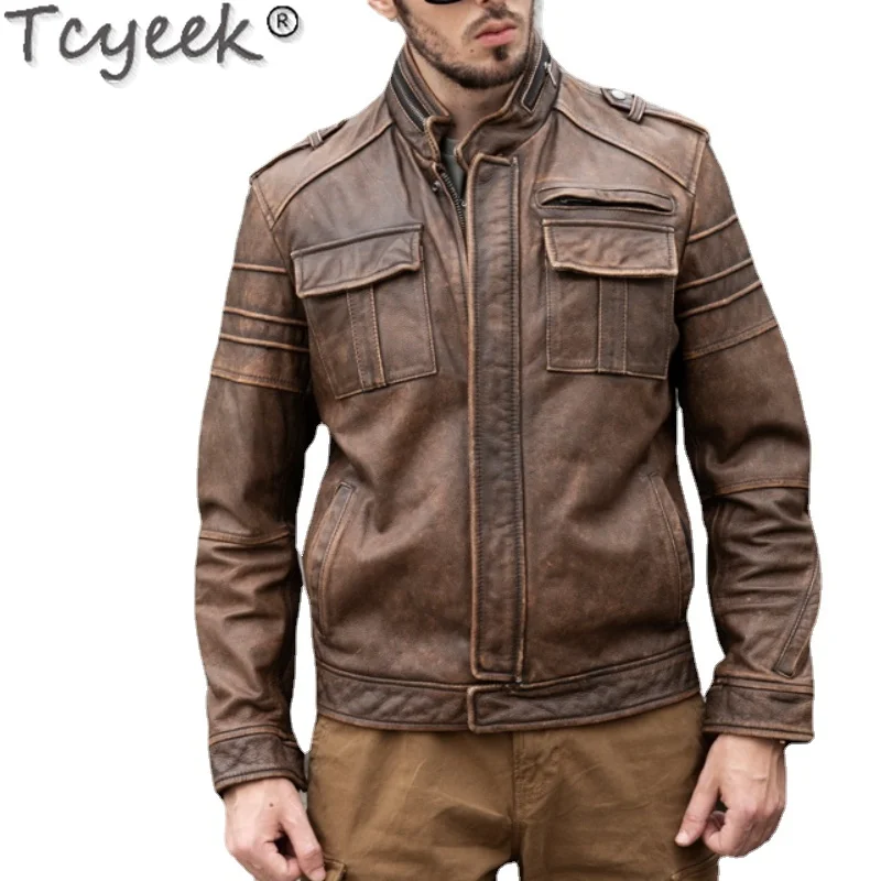 

Tcyeek Real Cowhide Leather Jacket Men Clothing Motorcycle Men's Winter Coat Retro Distressed Short Jacket Coats Chaquetas