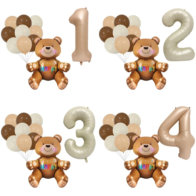 Sitting Teddy Bear Birthday Party Decoration Balloons Set 0-10 Caramel/Cream Number Ballon Kids Happy 1st 2nd 3rd Birthday Party