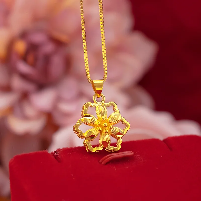 Flower Shape 24k Yellow Gold Plated Pendant Necklace for Women Clavicle Chain Necklace Wedding Valentine's Day Fine Jewelry Gift