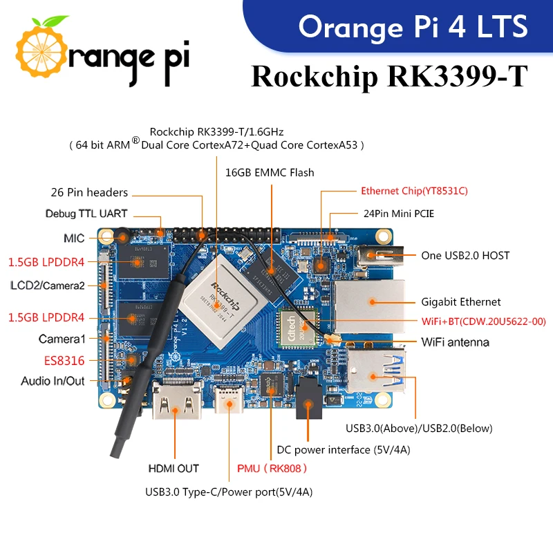 Orange Pi 4 LTS 3GB 5V4A   ġ   ǻ RK3399-T Wifi BT5.0    ȵ̵ Ubuntu Debian