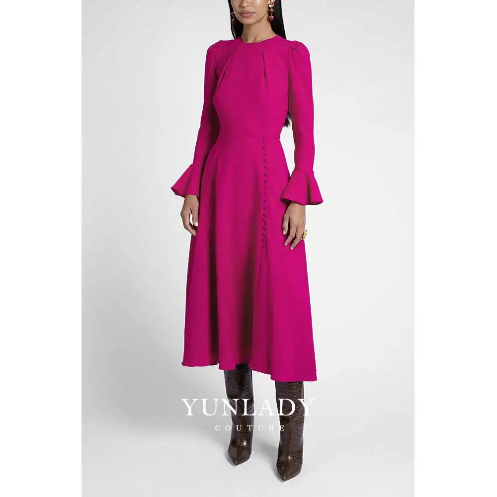 

YUNLAN Pink A Line Long Sleeve Evening Gown 2024 Women's Special Occasion Ball Gown Saudi Wedding Guest Puff Sleeve Midi Dress