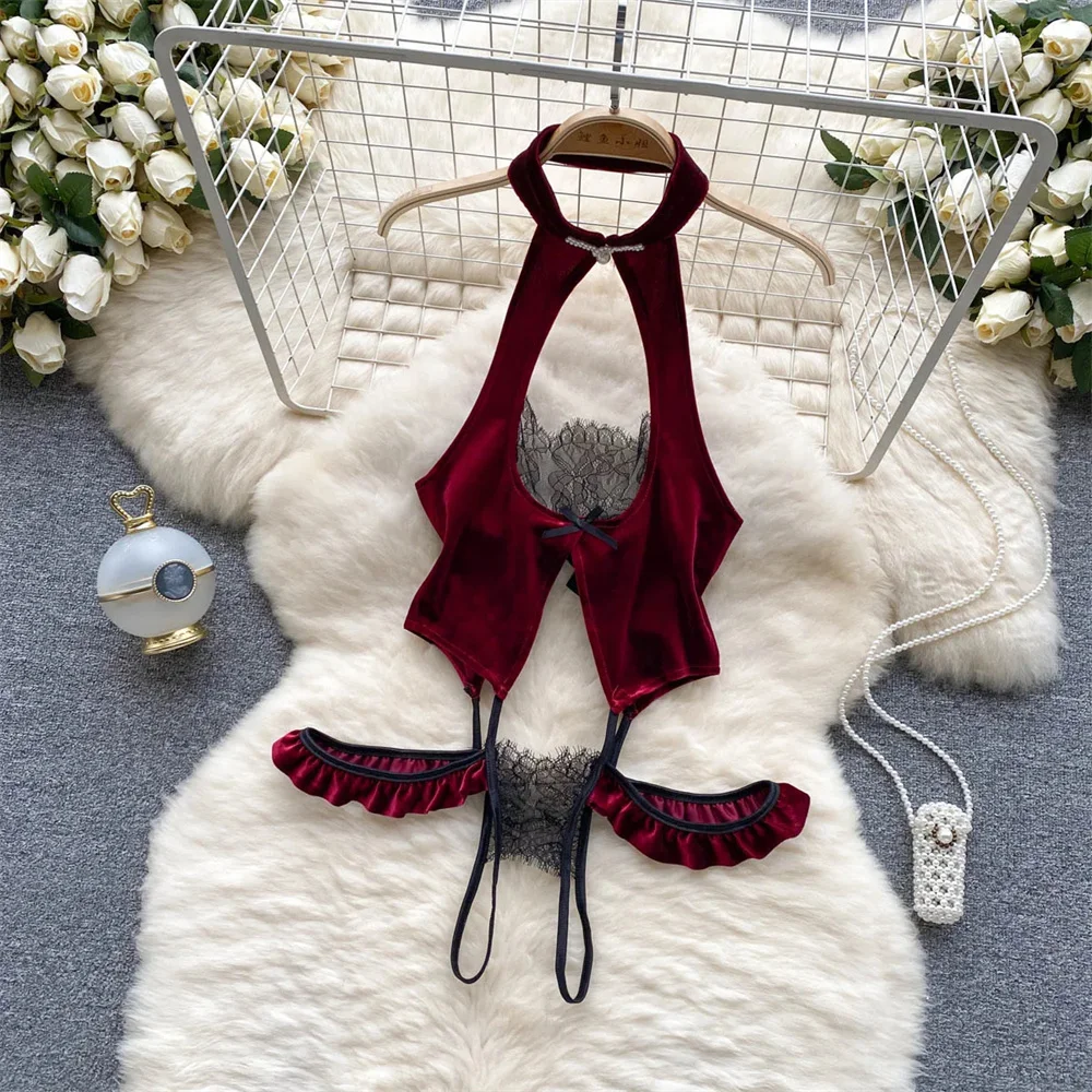 Sexy Bunny Rabbit Strapless Slim Fit Dress Sweet Bow Plush Erotic Lingerie Women Club Nightwear Pajamas Lace Up Red White Dress