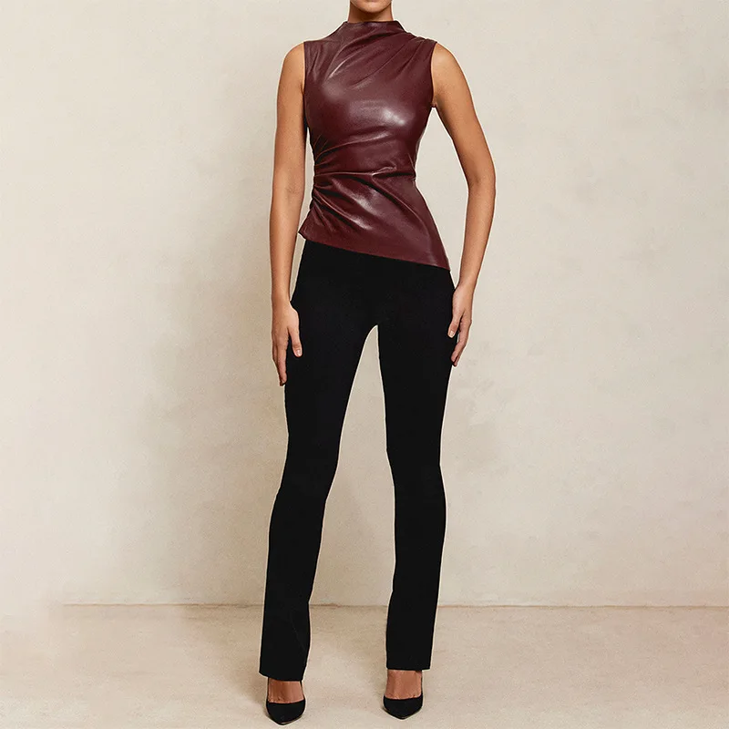 Minimalistische Y2K-Retro-Pu-Weste für Damen mit hoher Taille, schmaler Passform, Florkragen, personalisiertes, schräges, ärmelloses Oberteil – Detail 20