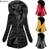 2025 Winter Women Parkas Hooded Solid Zipper Splice Midi Coats Long Sleeve Pockets Slim Fit Thick Coat Casual Warm Parka Jackets