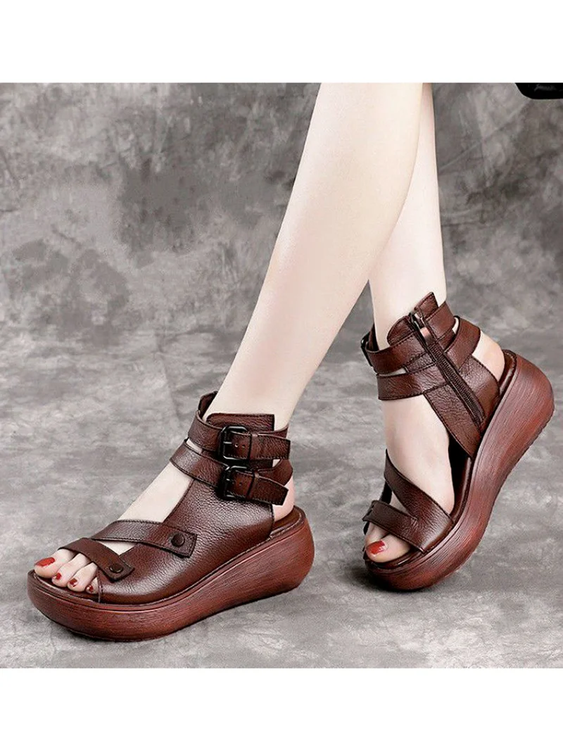 Women Summer Sandals Mid Heels Wedges Shoes Ladies Vintage Leather Plus Size 40
