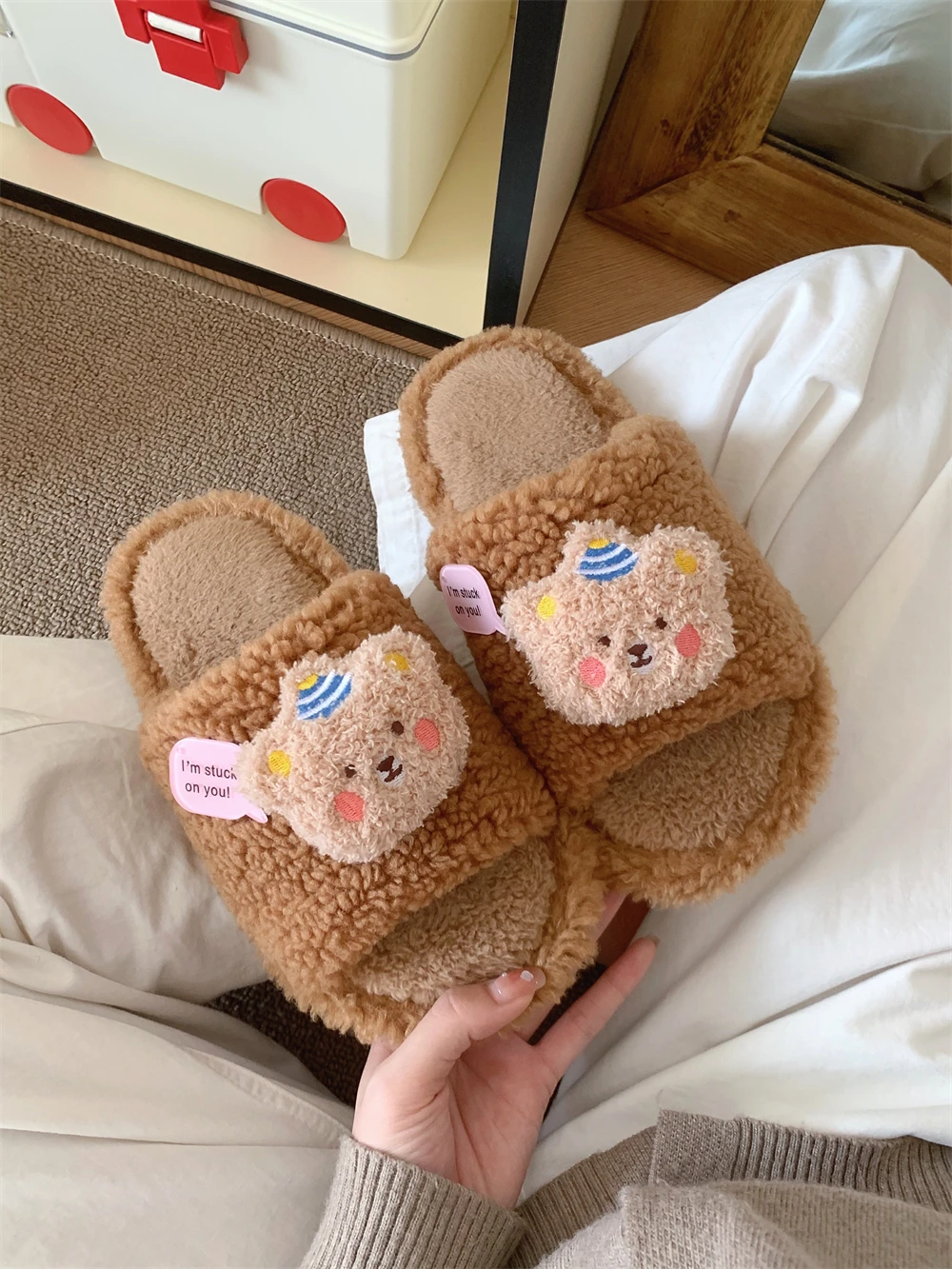 

Cute Bear Plush Slippers Women Home Casual Anti Slip Cotton Slippers Indoor Household Slipper