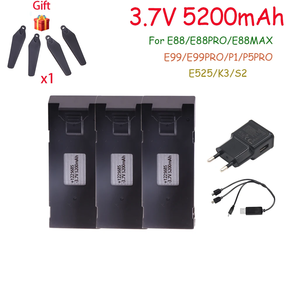 ตัวเลือกสินค้า แบตเตอรี่โดรน 3.7V 5200mAh สำหรับ E88/E99/Mini Drone
