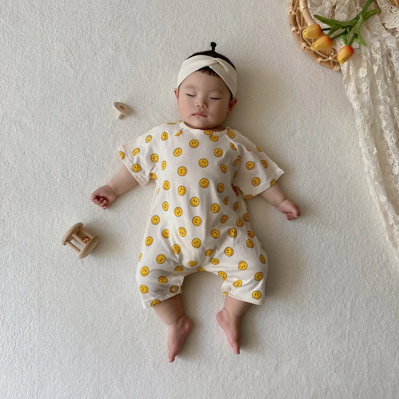 2022 Summer New Baby Short Sleeve Romper Newborn Infant Cute Smiley Print Jumpsuit Toddler Boy Girl Casual Cartoon Clothes 0-24M customised baby bodysuits
