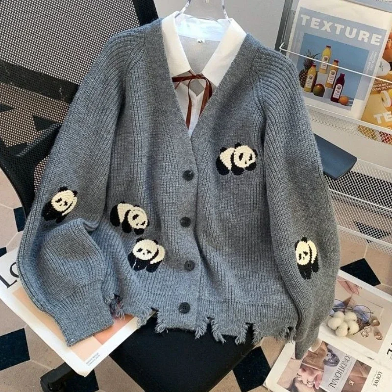 Preppy Style Knitted Cardigan Coat Women Clothing Sueter Mujer Fashion Korean Pull Femme Embroidery Panda Oversized Sweater Tops 3