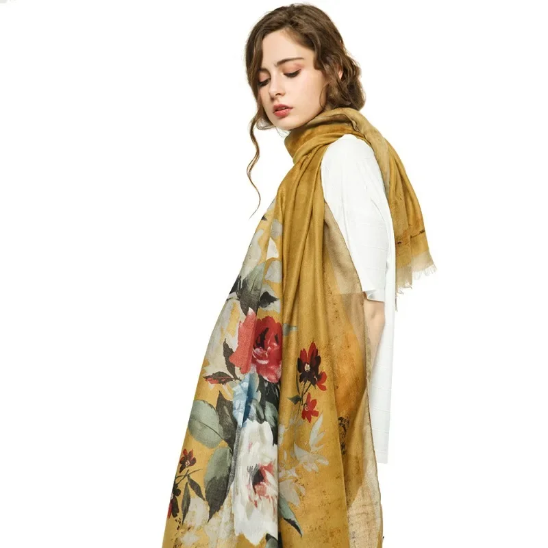 

Satin Print Winter Women Scarf Big Flower Ladies' Vintage Scarves Shawl Thin Cotton Linen Female Neckerchief Free Shipping