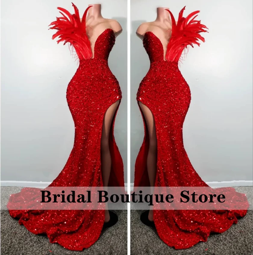 Glittering Black Mermaid Prom Dress Side Split Feathers Sequins African Birthday Party Gowns Wedding Guest Wear women prom dresses