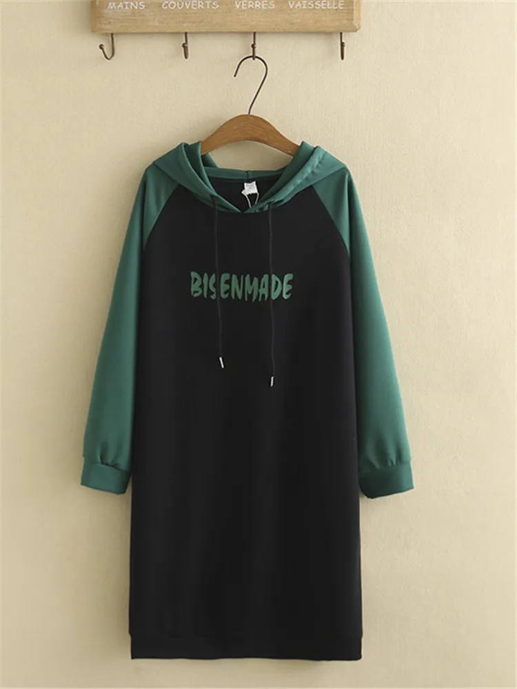 

Plus Size Women's Sweatshirt Medium Length Spring Casual Hoodie Quality Cotton Contrast Splicing Sleeve Long Sleeve Hooded Tops