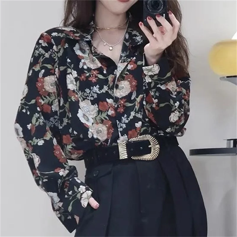 

Woman Spring Autumn Style Blouses Shirts Lady Casual Long Sleeve Turn-down Collar Flower Printed Blusas Tops G2607