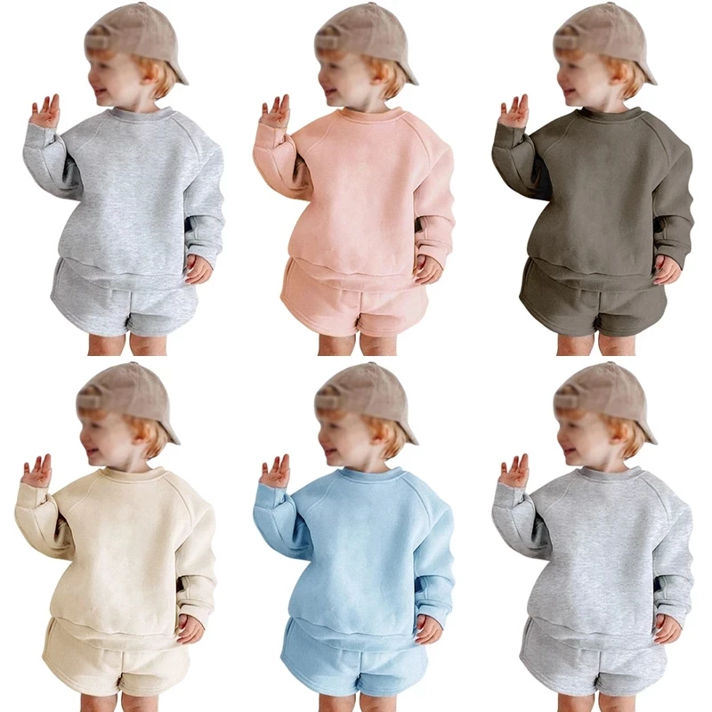 

Autumn Winter Boys Girls Loose Sweatshirt + Shorts Two Pieces Sets Children Fleece Hoodies Tracksuit Kids Sport Set Outfit 2-13Y
