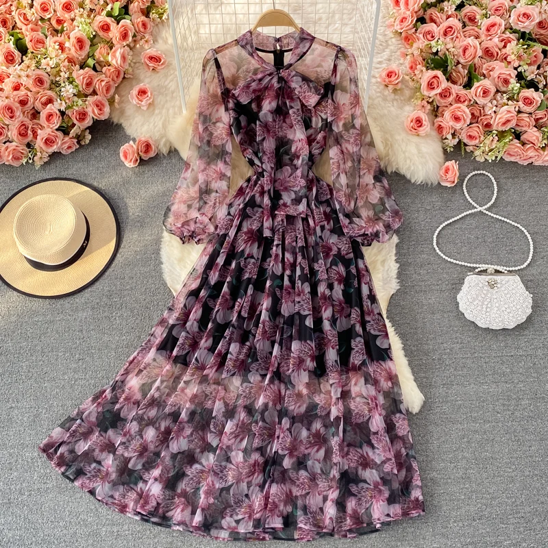 The New Fall/winter Lace Up Long Sleeve Waist Waist Floral Dress