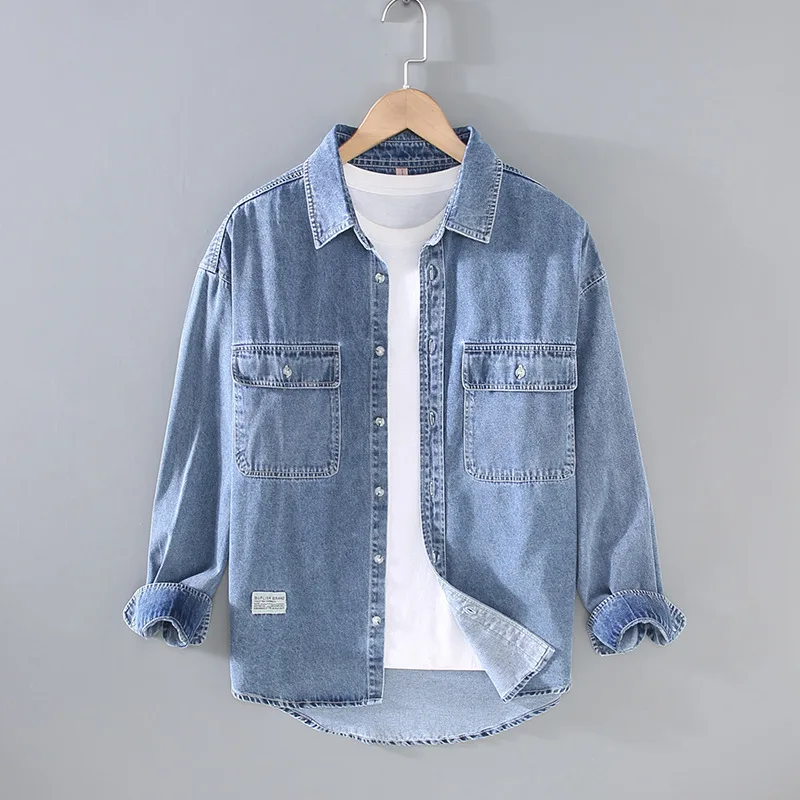 Japan Vintage Cotton Washed Denim Shirts for Men Pockets Light Blue Long Sleeve Workwear Autumn Fall Youth Male Tops Coats