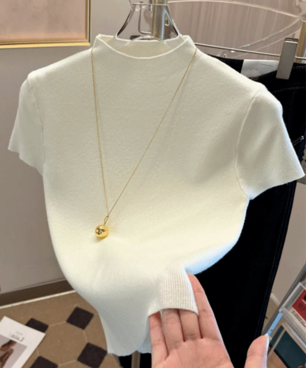 2025 Summer Sexy Women Basic Knitted Turtleneck Short Sleeve T-shirt Ladies Slim Elasticity Cotton Tops Streetwear Basics Tees Best Sellers In Women's Clothing