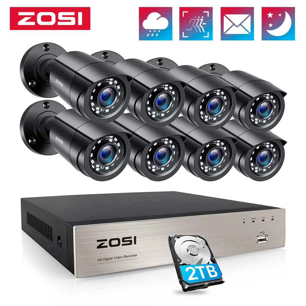 Zosi 8ch Home Security Camera System 1080p H.265+ Dvr 8pcs 1080p/2.0mp