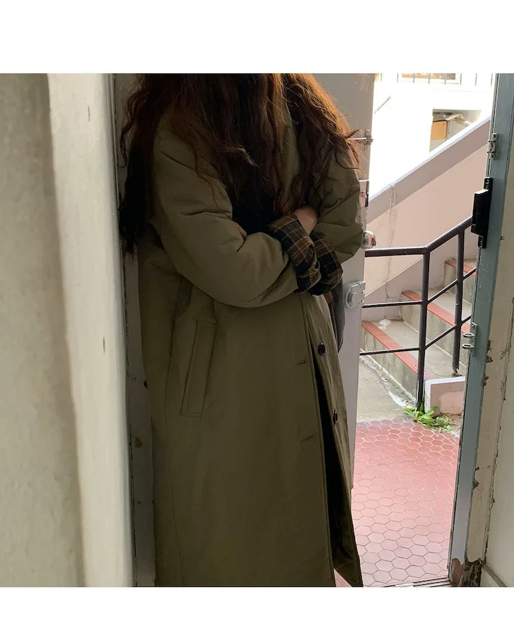 Autumn Winter Korean Army Green Warm Jacket Lapel Check Sleeves Straight Coat Fashion Medium Long Ladies Puffer Padded Outwear