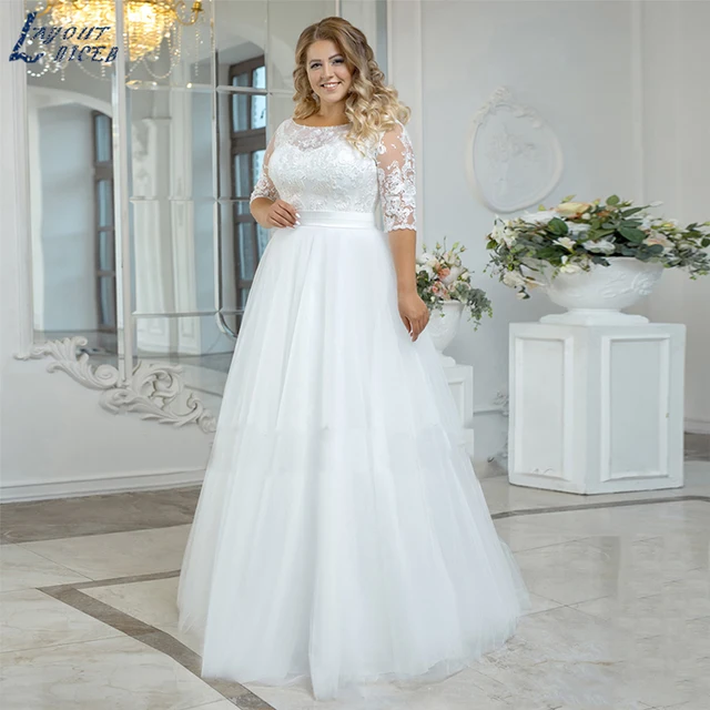 Layout niceb vintage beach wedding dress plus size boho lace applique three quarter sleeves tulle bride