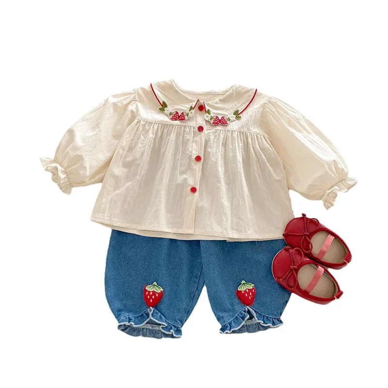 Girls Embroidered Strawberry Shirt Jeans Outfit