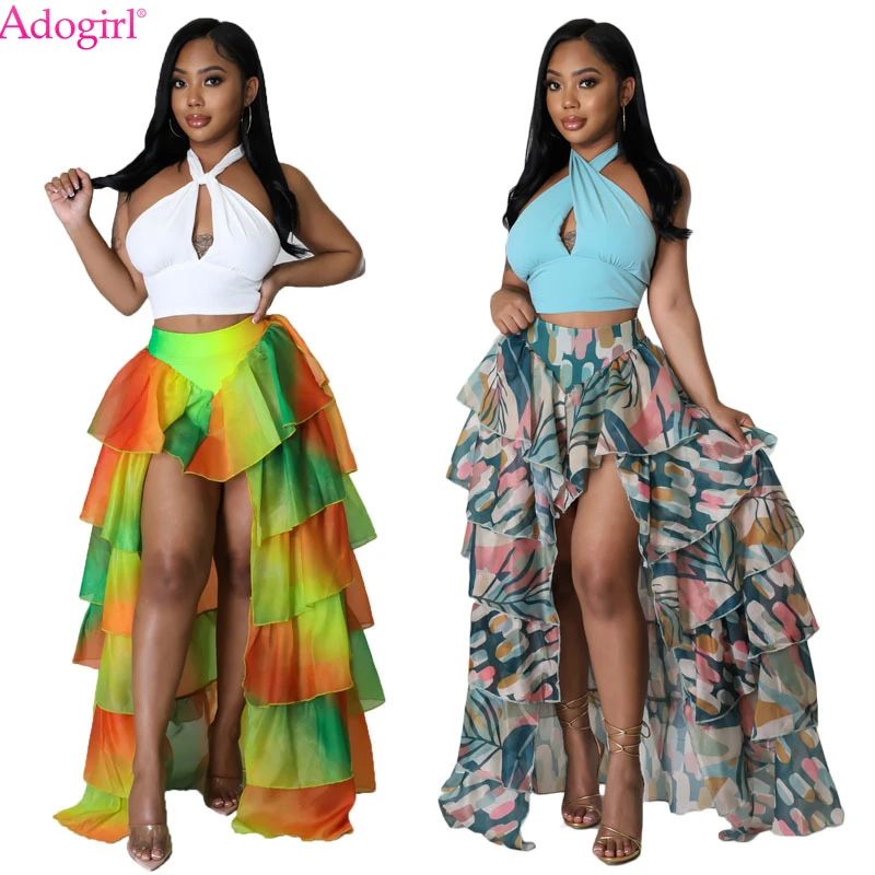 

Adogirl Women Printed Mesh Cake Skirt Changing Color Cascading Ruffles High Split Long Petticoat 2022 Summer Beach Outfits